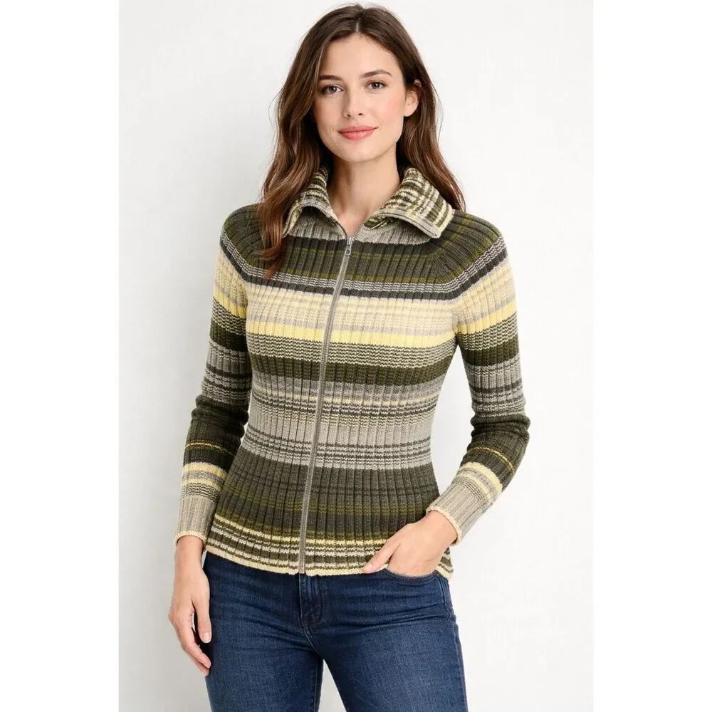 J Crew Striped Zip Sweater Womens Small Green Ribbed Knit Cardigan